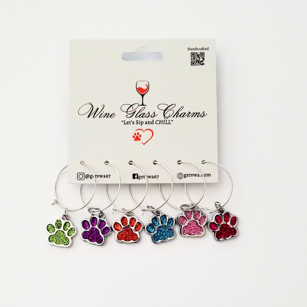 VWA Dog Paw Crystal Bead Print Wine Glass Charms (TAGS) for Stem Glass