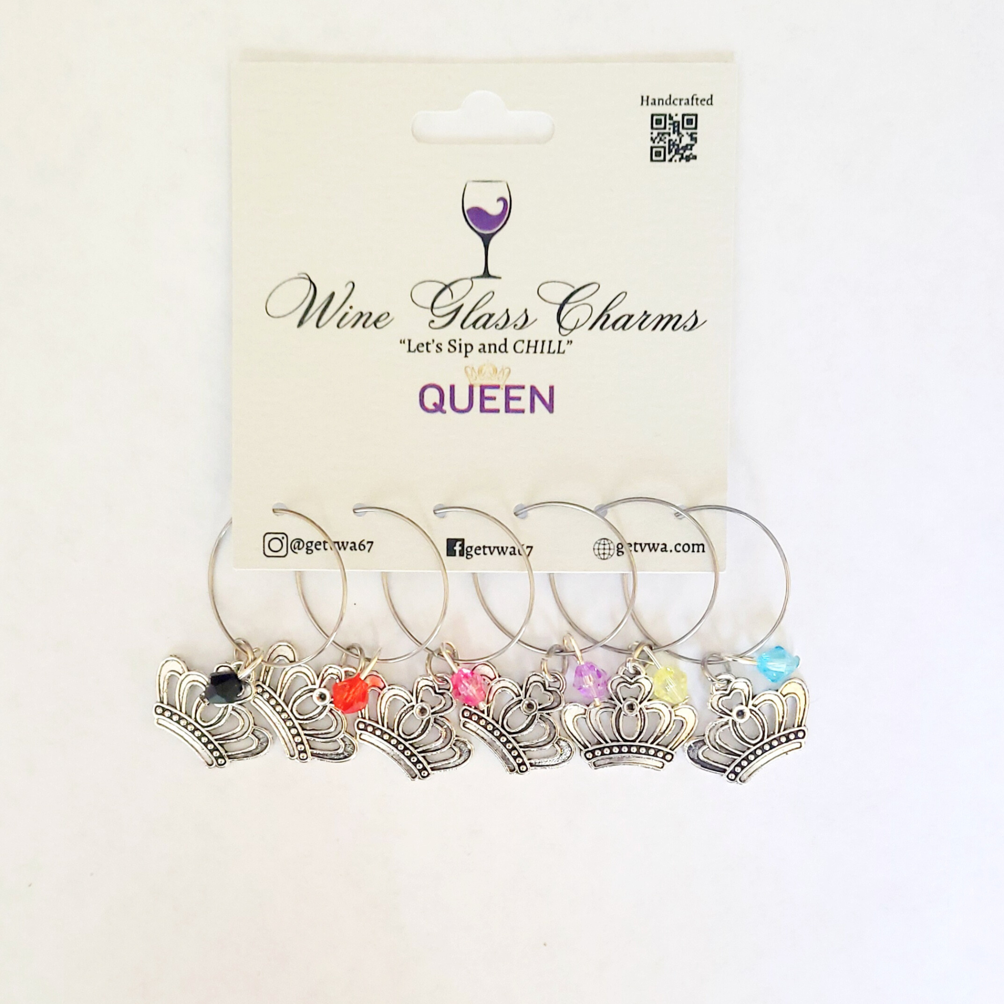 VWA Queen (Theme) Wine Glass Charms (TAGS) with Colorful and Stylish bead accent for Stem Glass