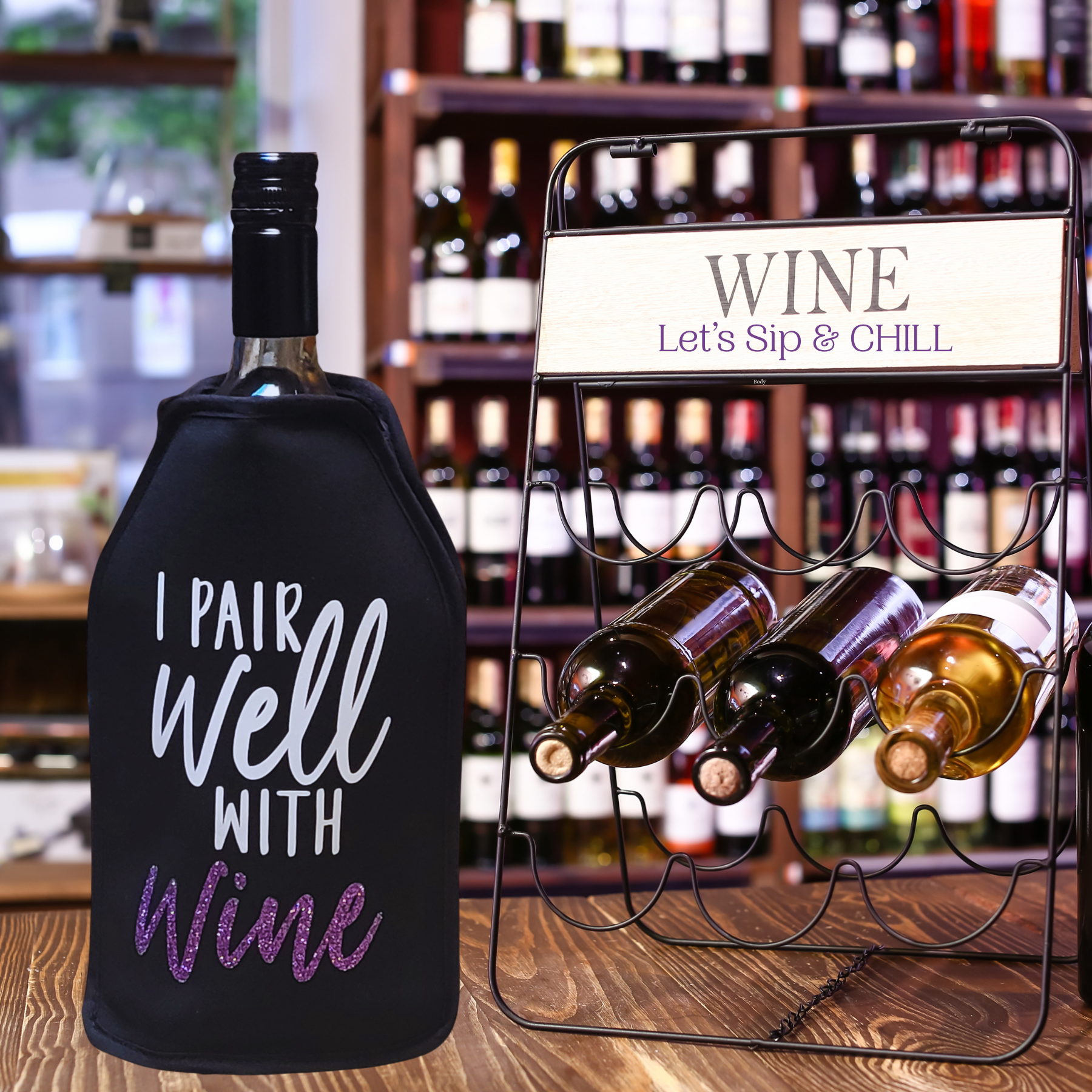 VWA Rhinestone Wine and Champagne Cooler Sleeve – I PAIR WELL WITH WINE | Premium Neoprene Insulated Sleeve for Perfectly Chilled Beverages
