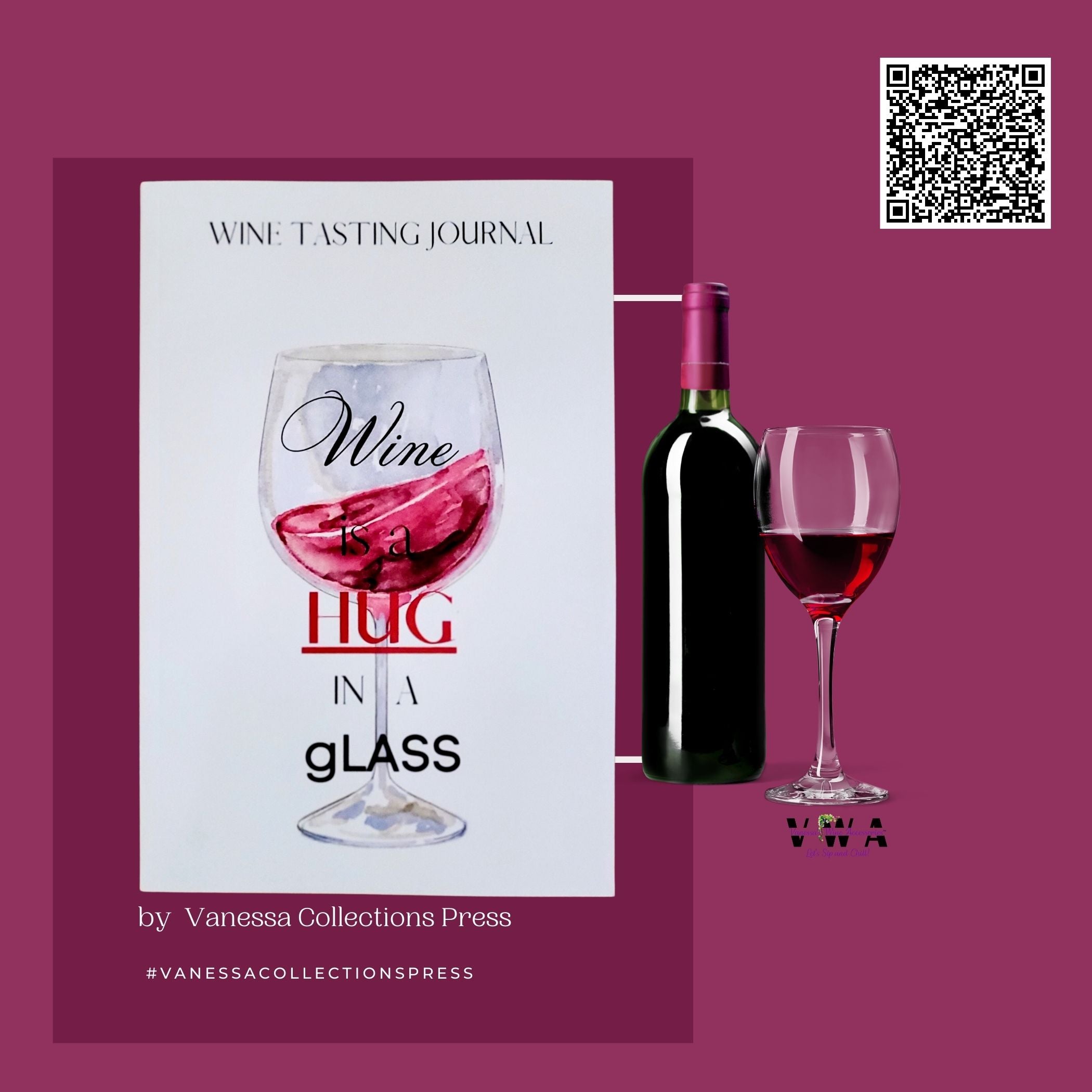 VWA Wine Tasting Journal – Wine Is a Hug in a Glass | Personalized Wine Logbook | 45 Softcover Pages of Guided Tasting Notes for Warm Moments