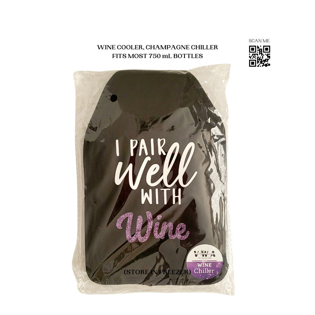 VWA Rhinestone Wine and Champagne Cooler Sleeve – I PAIR WELL WITH WINE | Premium Neoprene Insulated Sleeve for Perfectly Chilled Beverages