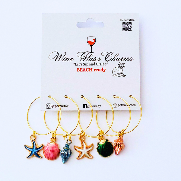 VWA Beach ready (Theme) Colorful Ocean Starfish and Conch Seashell Enamel Wine Glass, Charms (TAGS) for Stem Glass