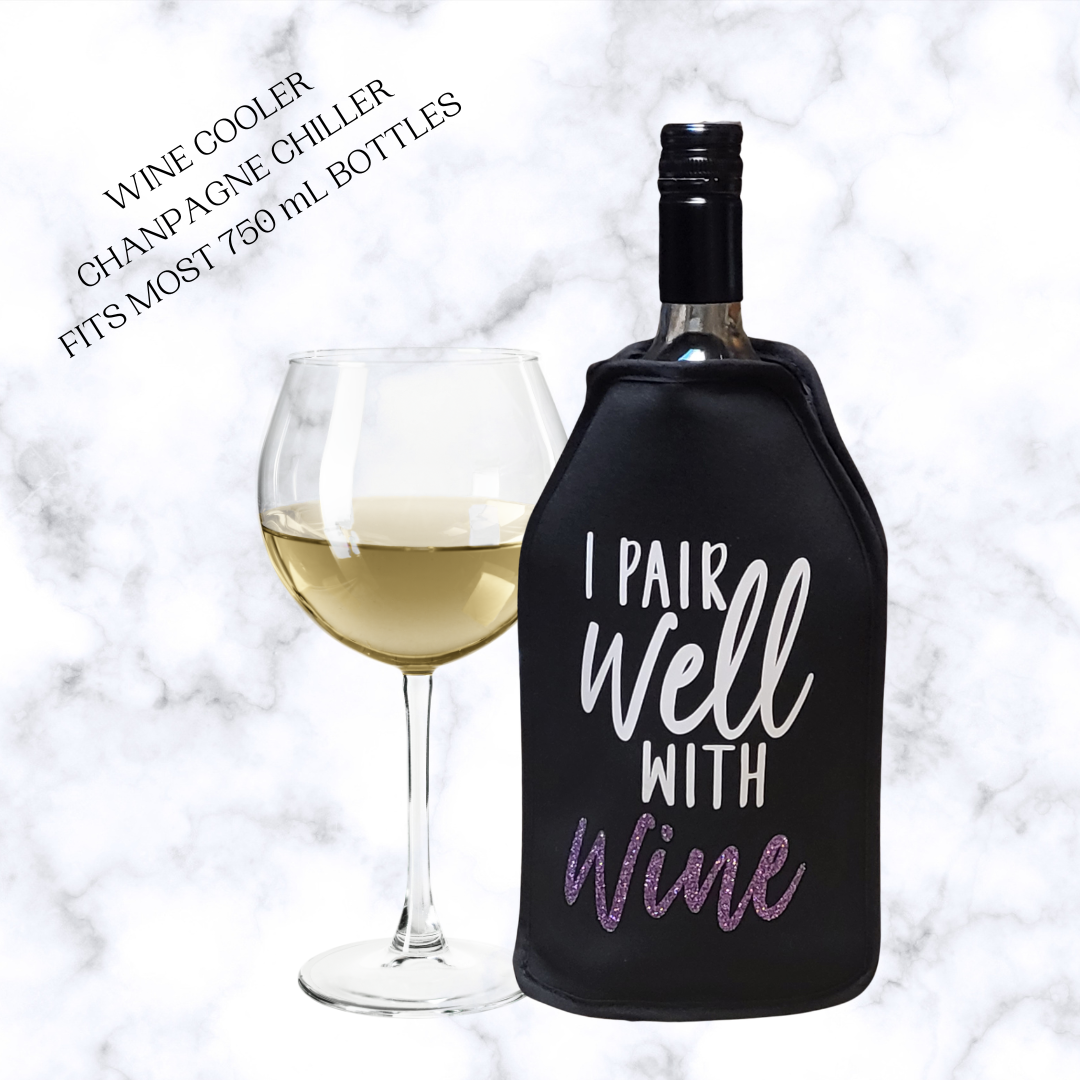 VWA Rhinestone Wine and Champagne Cooler Sleeve – I PAIR WELL WITH WINE | Premium Neoprene Insulated Sleeve for Perfectly Chilled Beverages