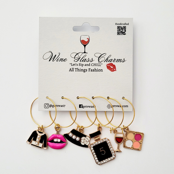 VWA All Things Fashion Girls (Theme) Bling Diamonds and Vibrant Color Wine Glass Charms (TAGS) for Stem Glass