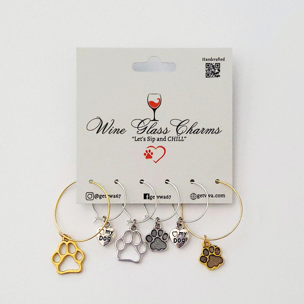 VWA Dog Paw Metal Wine Glass Charms (TAGS) For Stem Glass