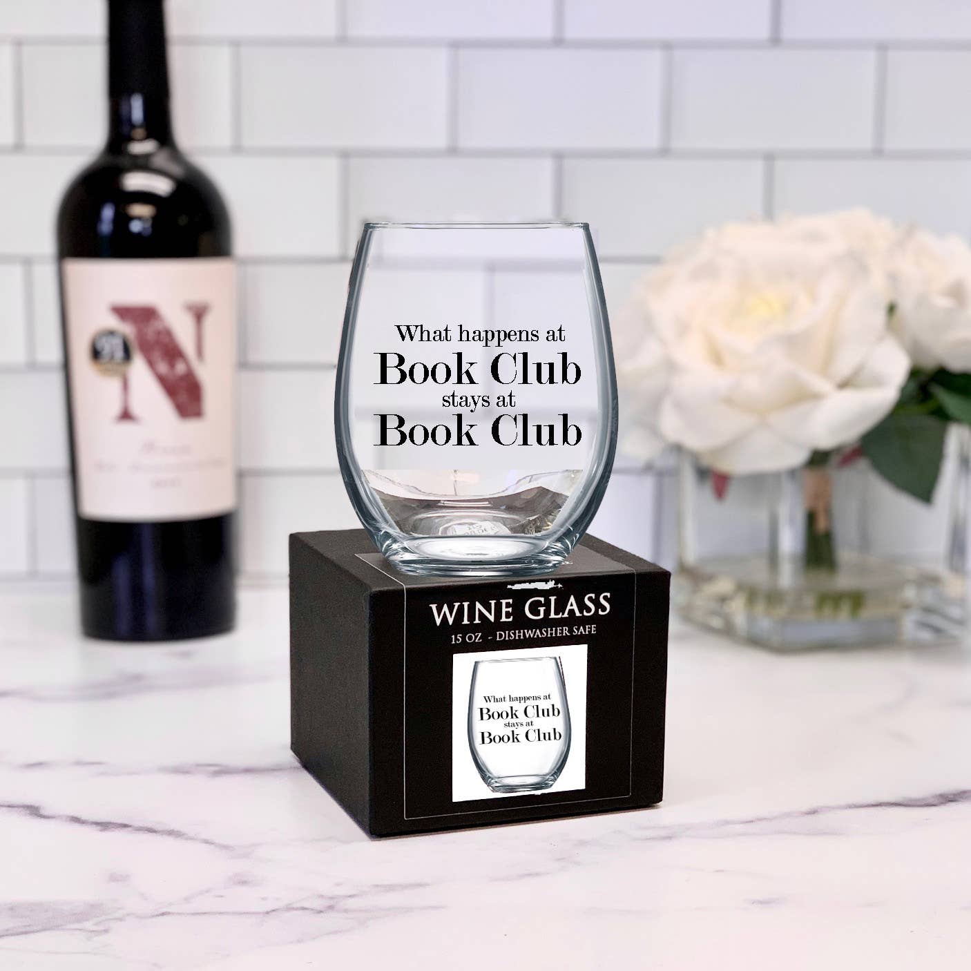 What Happens at Book Club – 15 oz Stemless Wine Glass (Gift Boxed)