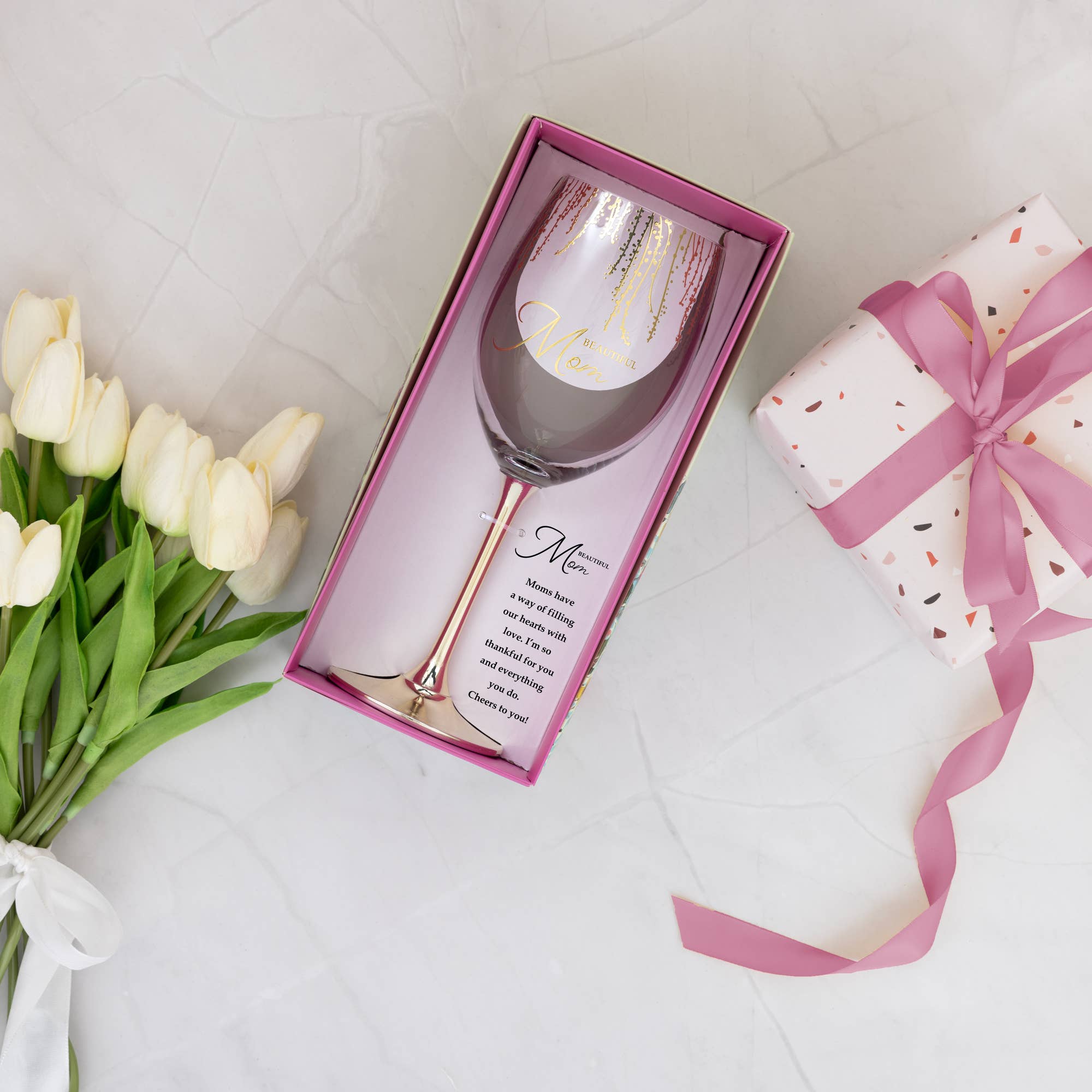 Beautiful Mom Crystal Wine Glass | 19 oz Gold Stem Gift Boxed
