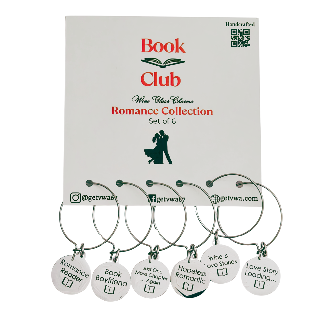 Books & Wine™ Romance Collection Wine Glass Charms | Reader Wine Markers – Set of 6