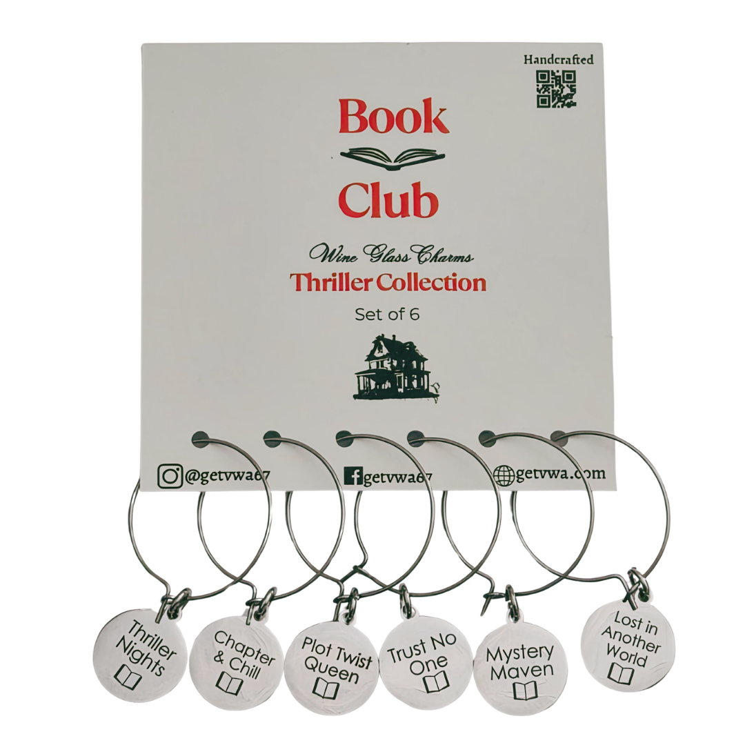 Books & Wine™ Thriller Collection Wine Glass Charms | Reader Wine Markers – Set of 6