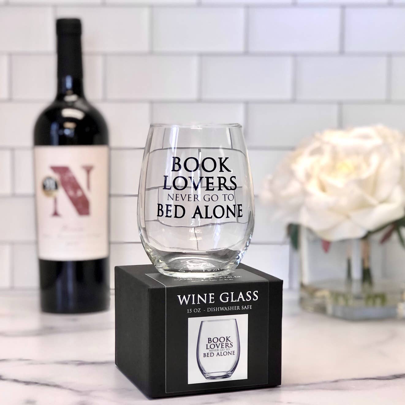 Book Lovers Never Go to Bed Alone Wine Glass | Reader Gift for Book Lovers