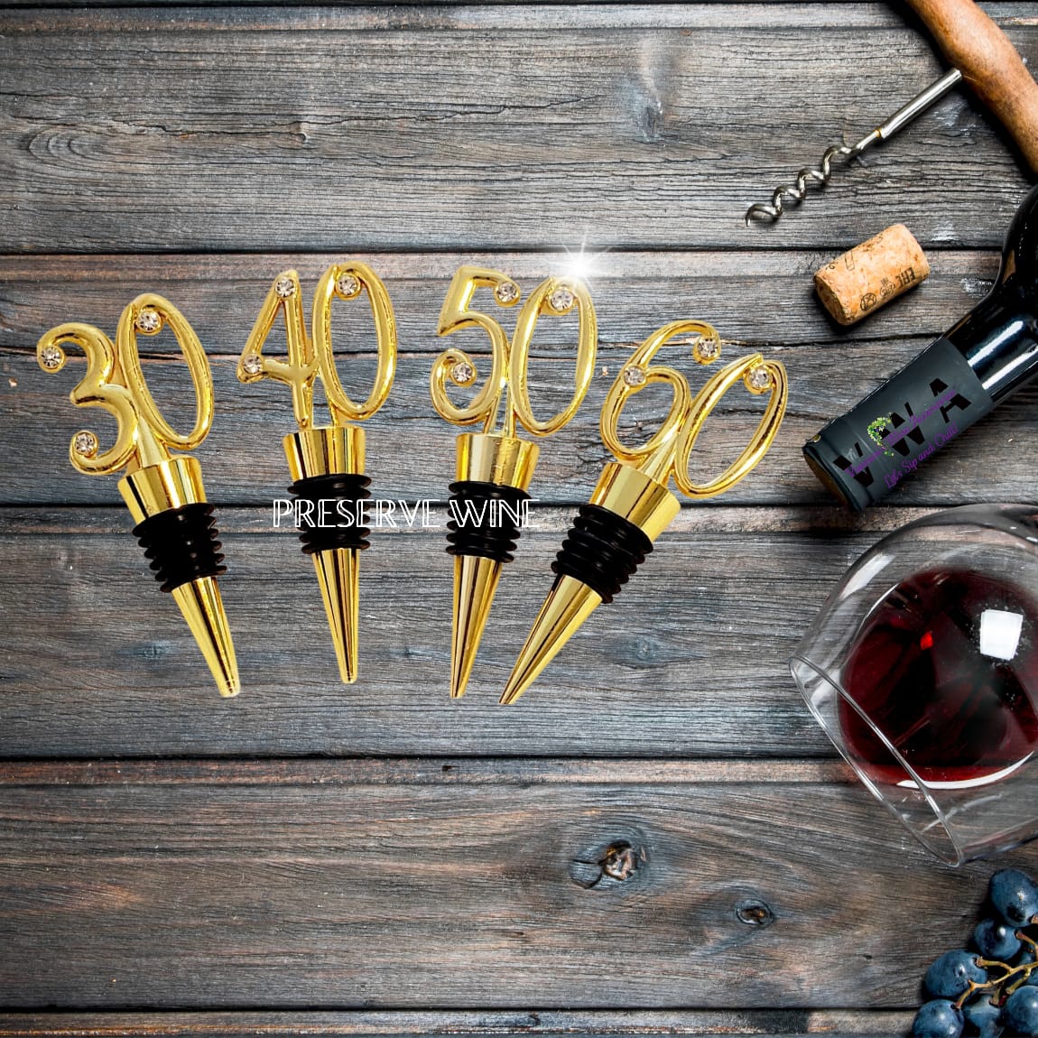Gold Rhinestone Milestone Bottle Stoppers 30, 40 ,50 and 60, Preserve Wine & Champagne Freshness with a Seal