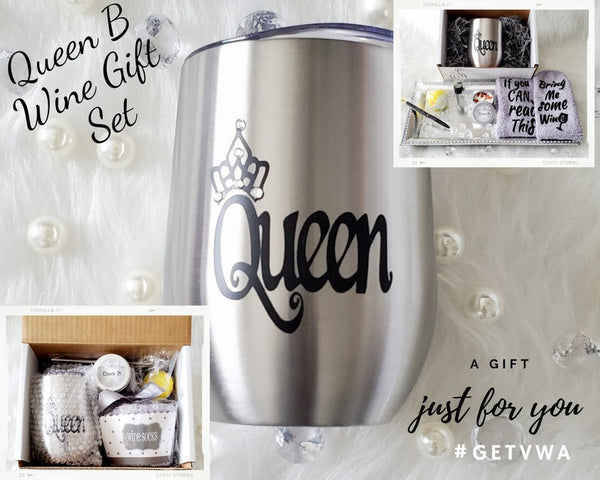 VWA Rhinestone Wine Tumbler Gift Set-QUEEN B-Silver, Teal, Pink and Purple