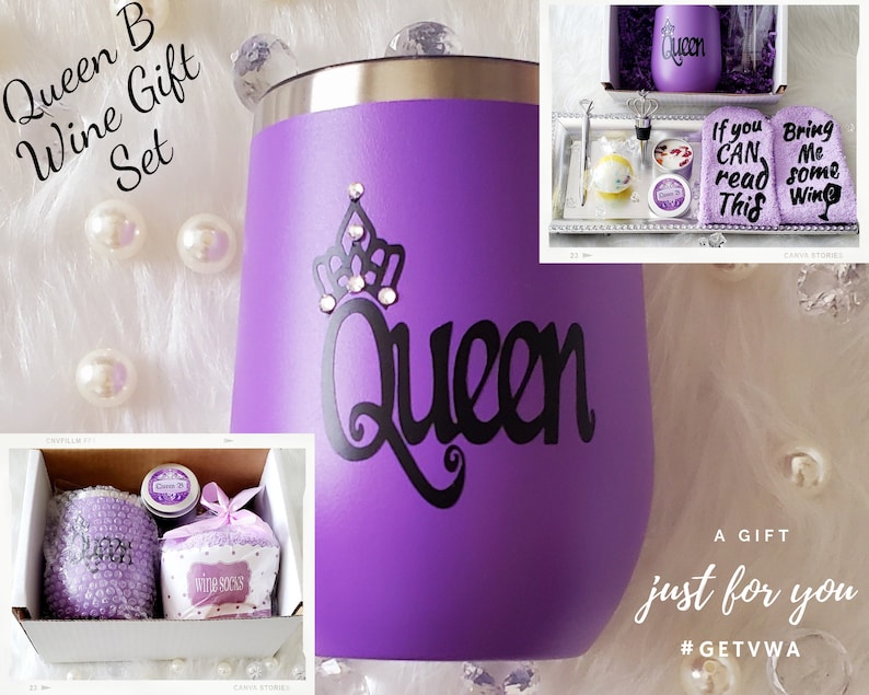 VWA Rhinestone Wine Tumbler Gift Set-QUEEN B-Silver, Teal, Pink and Purple