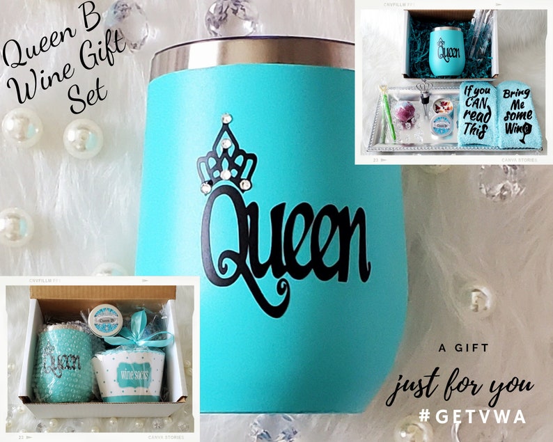 VWA Rhinestone Wine Tumbler Gift Set-QUEEN B-Silver, Teal, Pink and Purple