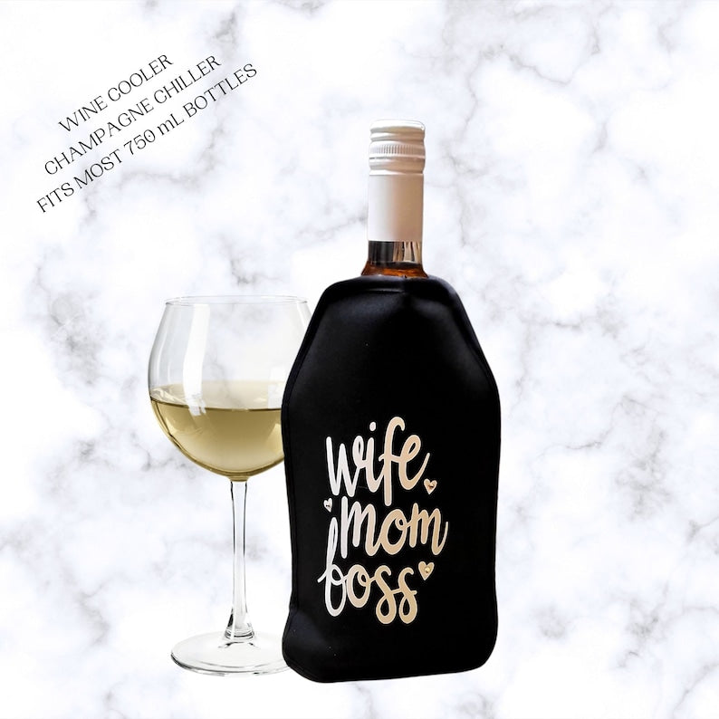 VWA Rhinestone Wine and Champagne Cooler Sleeve-WIFE MOM BOSS, Premium Neoprene Insulated Sleeve for Perfectly Chilled Beverages