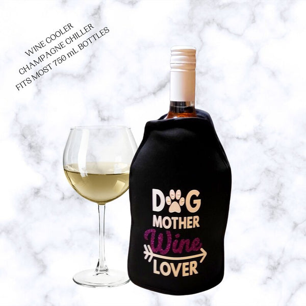 VWA Rhinestone Wine and Champagne Cooler Sleeve-DOG MOTHER WINE LOVER, Premium Neoprene Insulated Sleeve for Perfectly Chilled Beverages