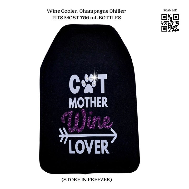 VWA Rhinestone Wine and Champagne Cooler Sleeve-CAT MOTHER WINE LOVER, Premium Neoprene Insulated Sleeve for Perfectly Chilled Beverages